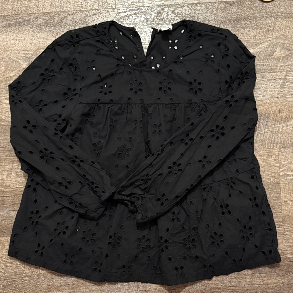 J. Crew Black Eyelet Tiered Peasant Top
